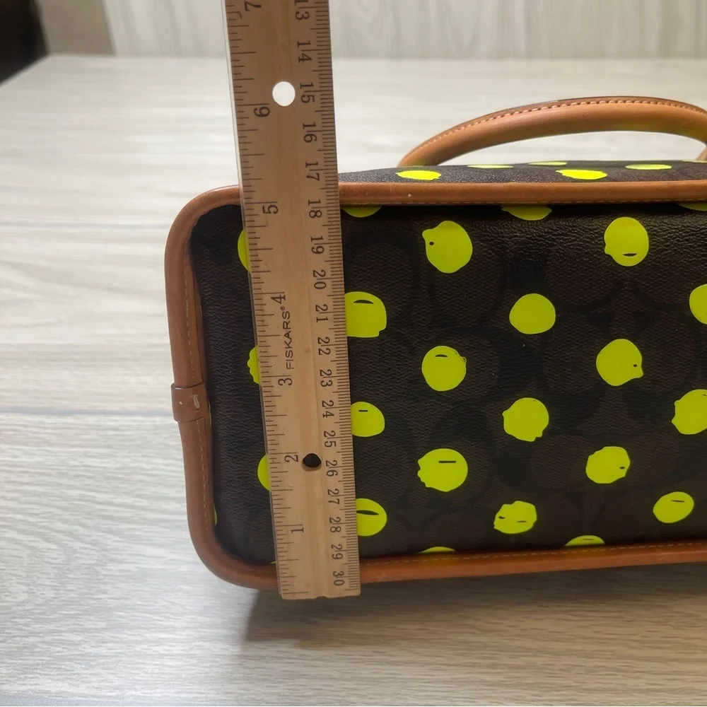 Coach Cora Dome Satchel Purse Signature Canvas Neon Yellow Dots w/Leather Trim - Picture 14 of 15